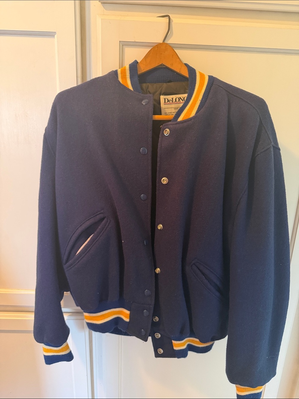 DeLong Varsity Bomber Jacket in Navy with Yellow & White Trim